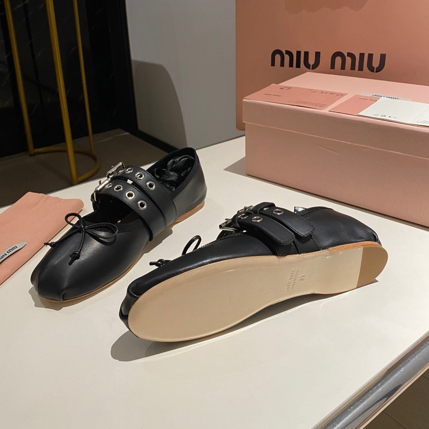 BALLET FLAT SHOES BLACK LAMBSKIN WITH UNIQUE BLACK STRAPS - 35