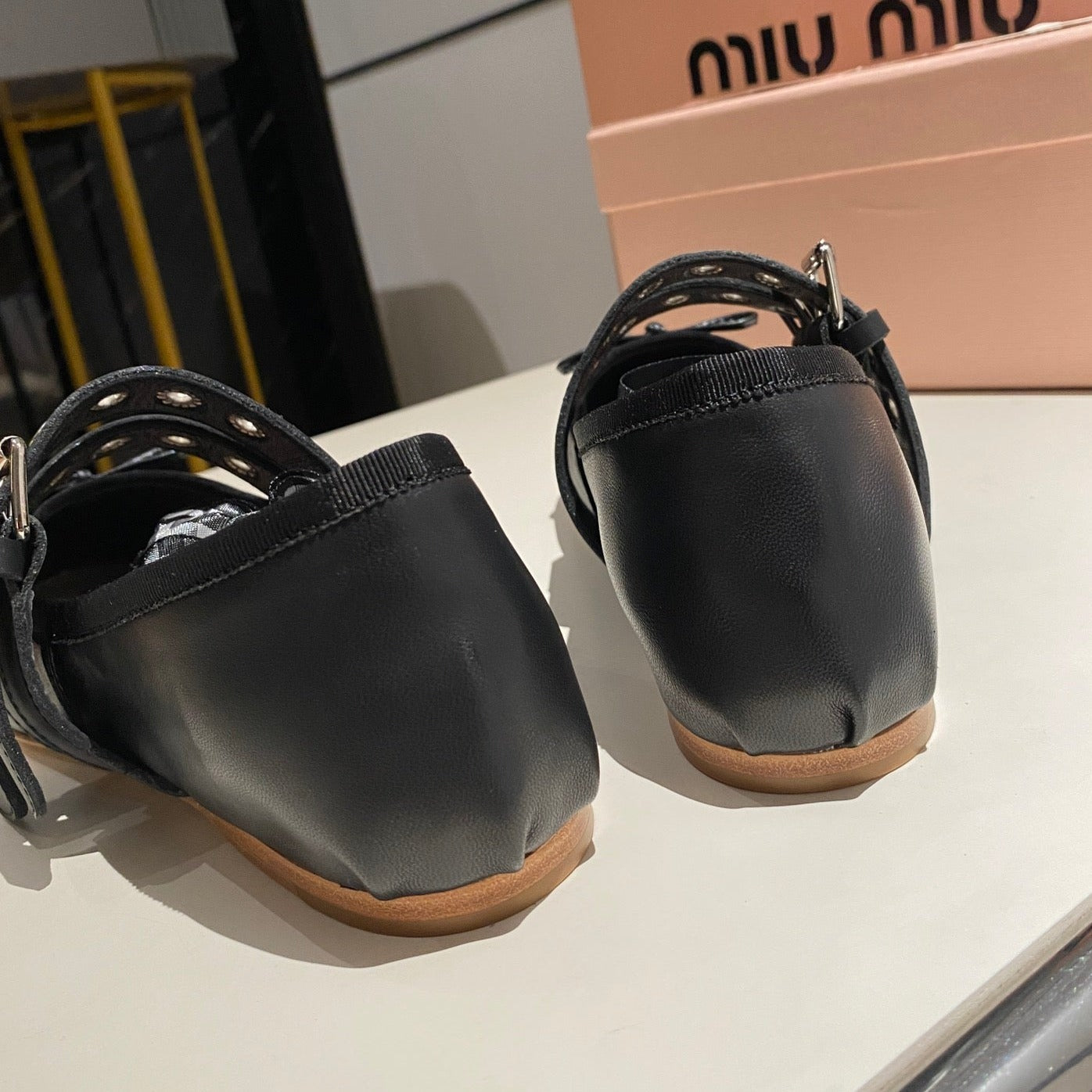 BALLET FLAT SHOES BLACK LAMBSKIN WITH UNIQUE BLACK STRAPS - 35