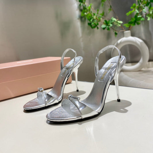 TWO STRAP HIGH HEELED SANDALS IN SILVER METALLIC GLOSSY SHEEPSKIN - 34
