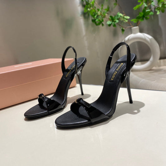 TWO STRAP HIGH HEELED SANDALS IN BLACK GLOSSY SHEEPSKIN - 34