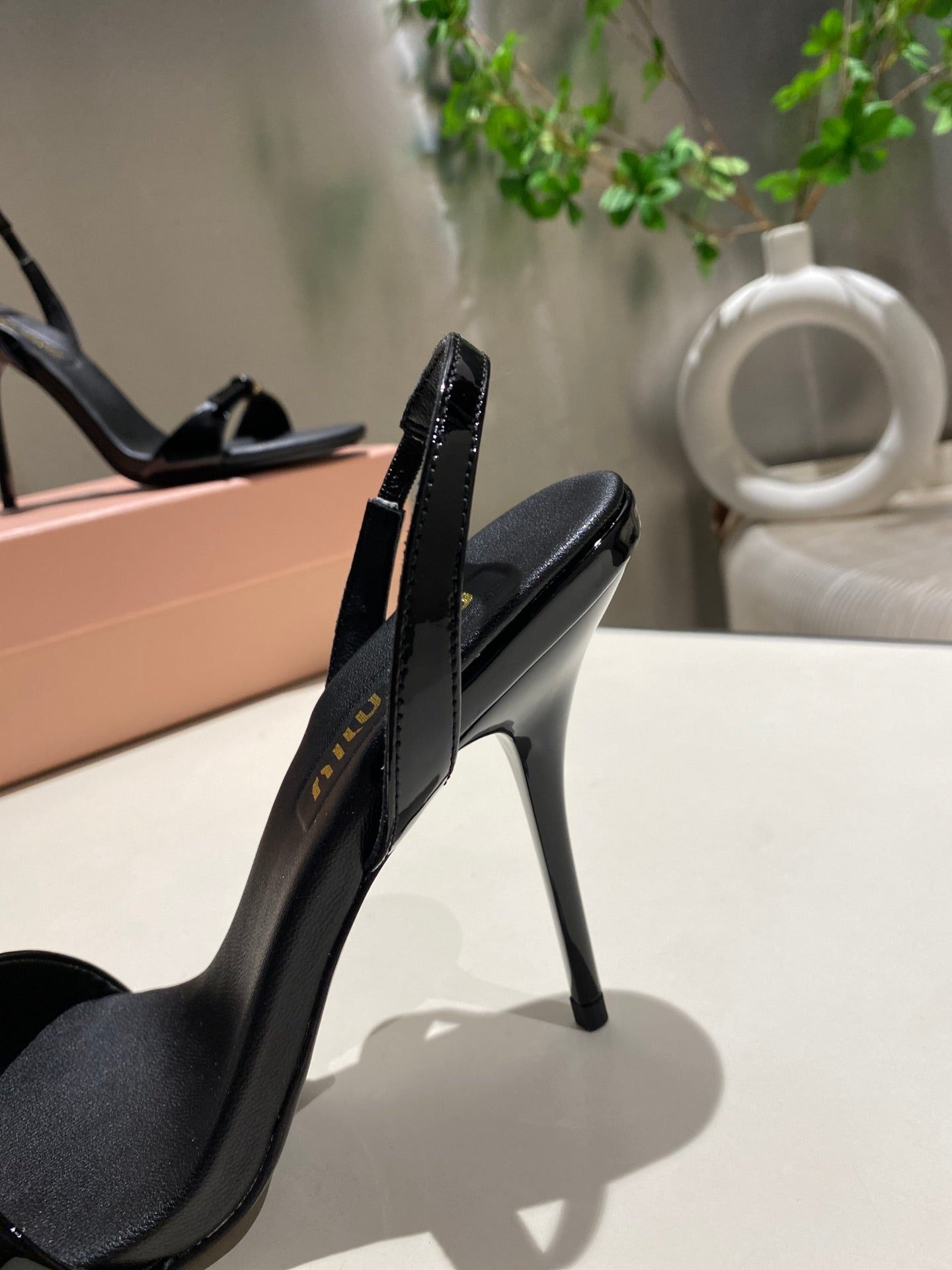 TWO STRAP HIGH HEELED SANDALS IN BLACK GLOSSY SHEEPSKIN - 34