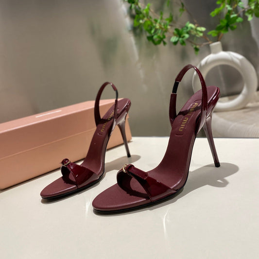 TWO STRAP HIGH HEELED SANDALS IN WINE RED GLOSSY SHEEPSKIN - 34
