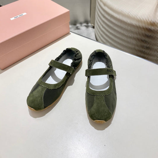 БАЛЕТКИ MIUMIU 26S RUCHES NAPPA ЗІ ЗАМШІ ТА ТКАНИНИ КОЛЬОРУ ХАКІ