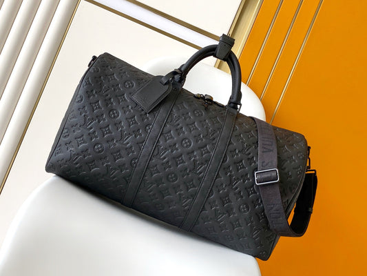 LV 25S KEEPALL BANDOULIÈRE BAG 50 IN BLACK EMBOSSED TAURILLON CALFSKIN MONOGRAM