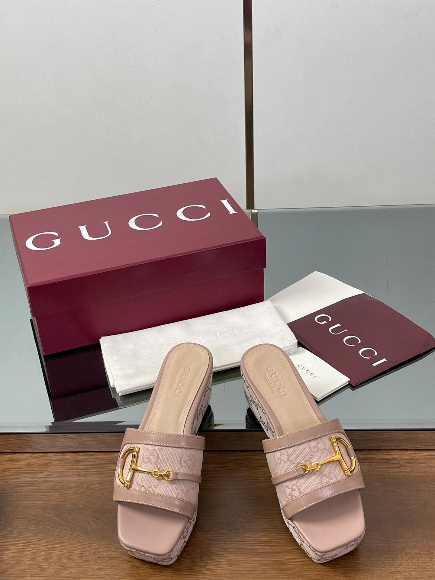 HIGH 6.3 CM WEDGE SANDALS IN DUSTY PINK CALFSKIN AND FABRIC - 35