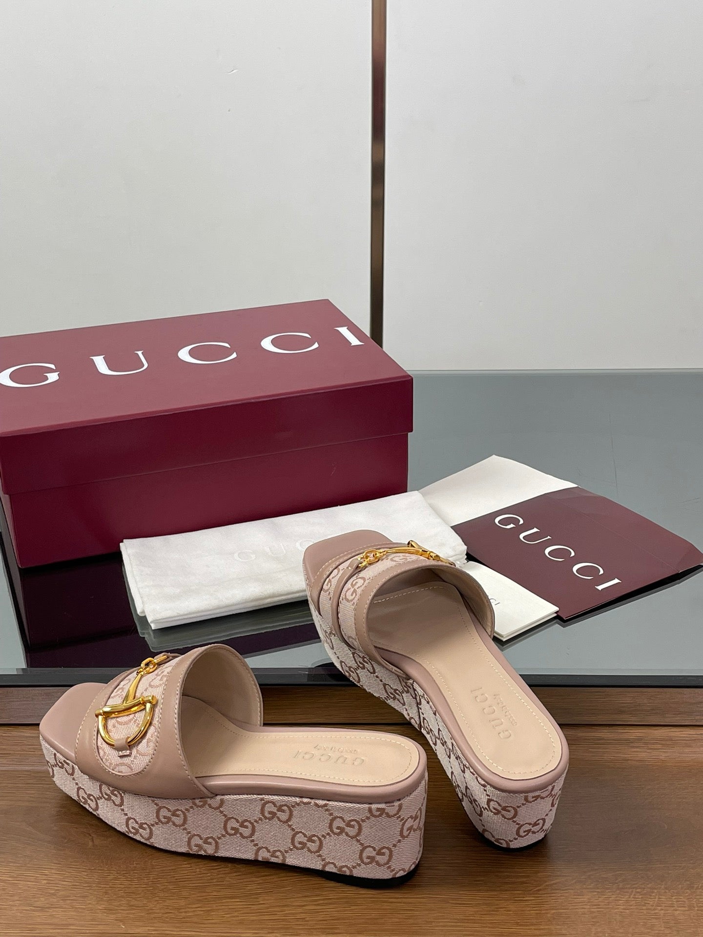 HIGH 6.3 CM WEDGE SANDALS IN DUSTY PINK CALFSKIN AND FABRIC - 35