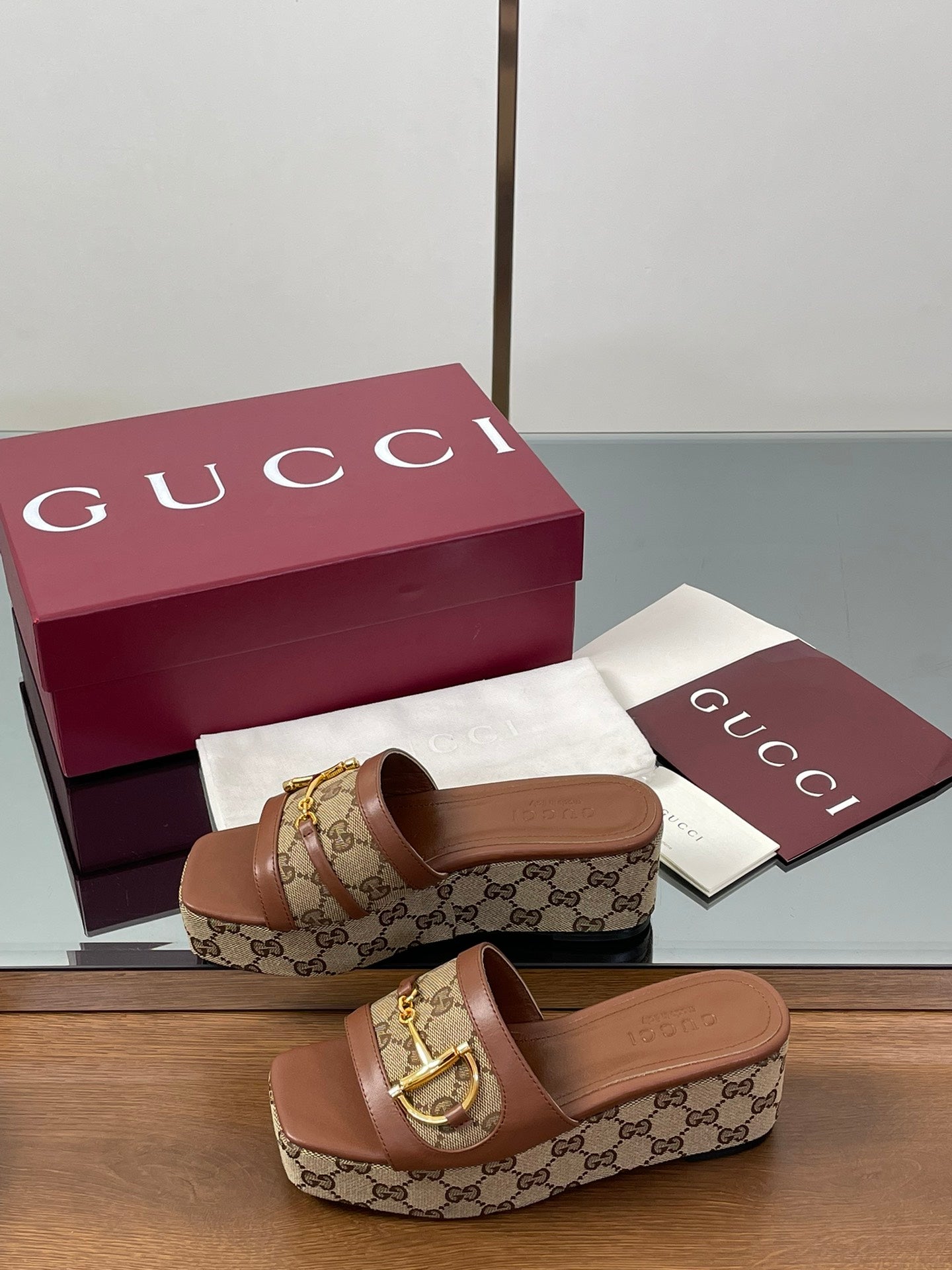 HIGH 6.3 CM WEDGE SANDALS IN BROWN CALFSKIN AND FABRIC - 35