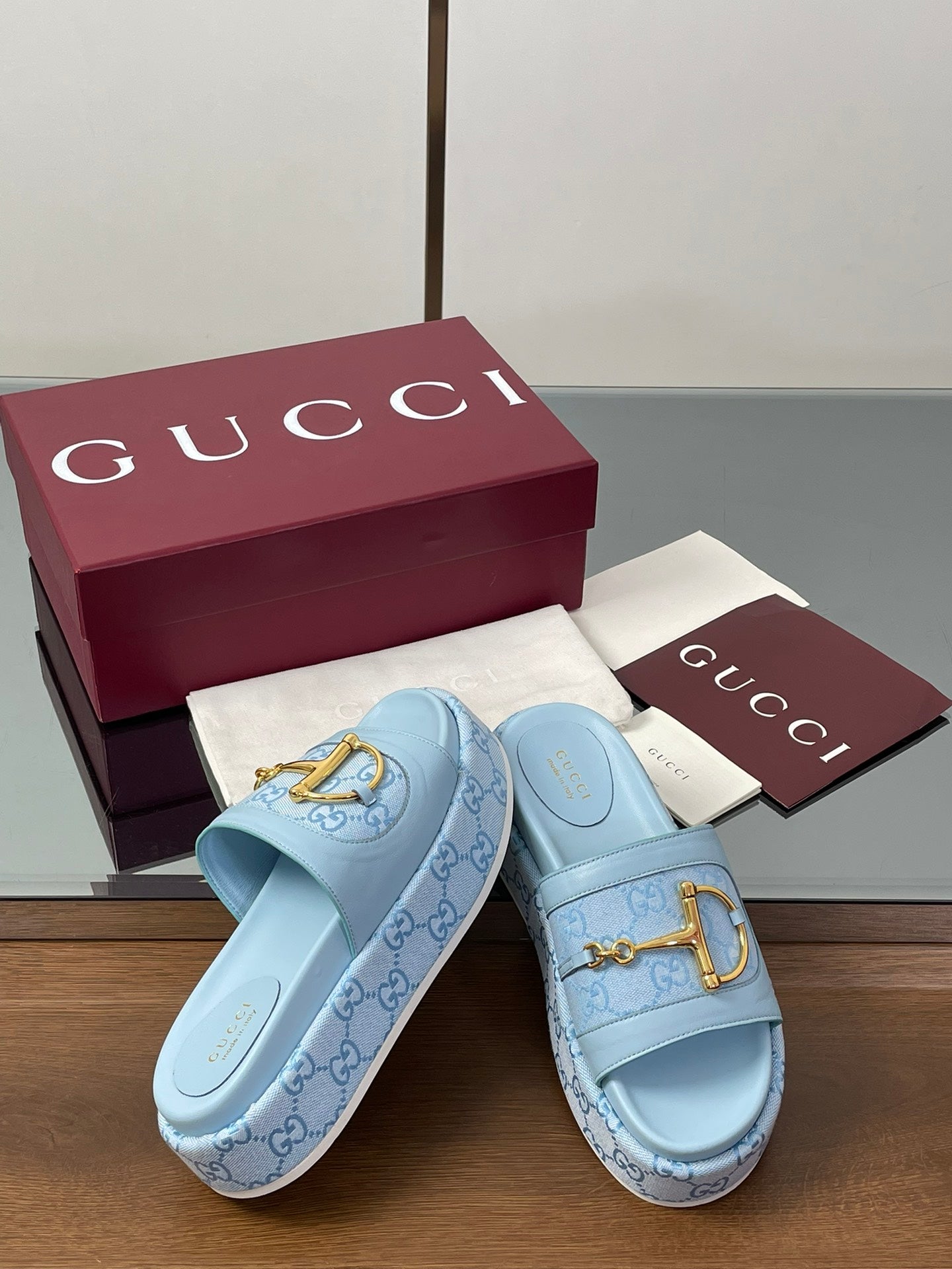 HIGH 5.5 CM WEDGE SANDALS IN BLUE CALFSKIN AND FABRIC - 35