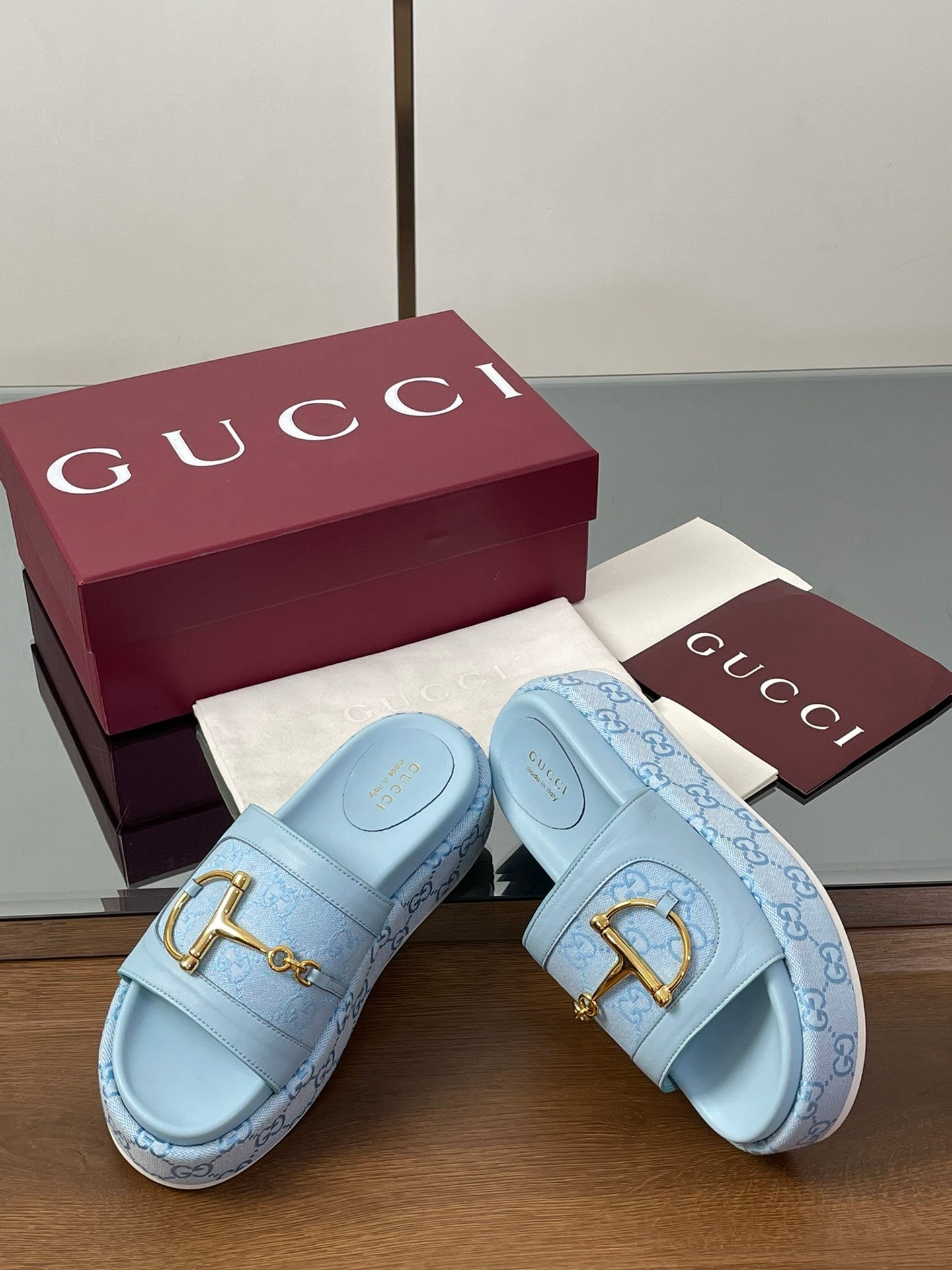 HIGH 5.5 CM WEDGE SANDALS IN BLUE CALFSKIN AND FABRIC - 35