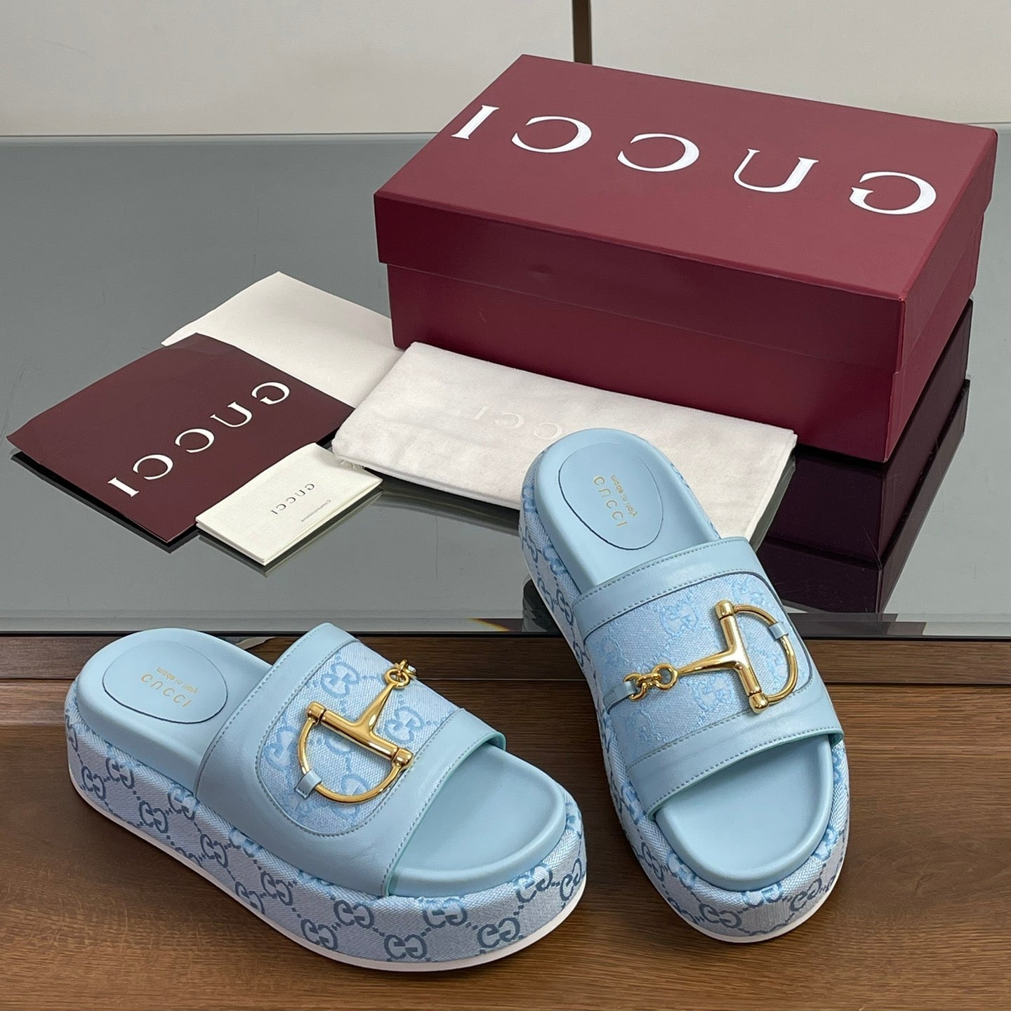 HIGH 5.5 CM WEDGE SANDALS IN BLUE CALFSKIN AND FABRIC - 35