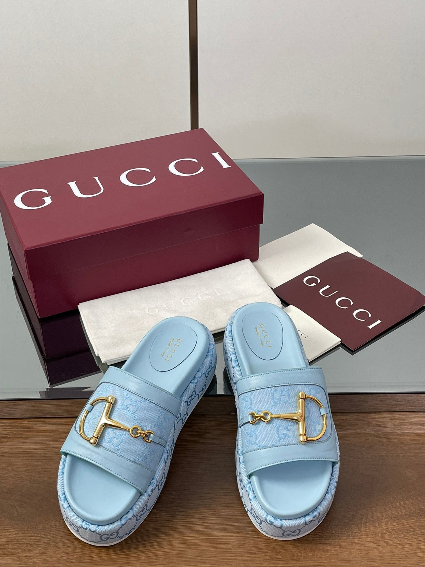 HIGH 5.5 CM WEDGE SANDALS IN BLUE CALFSKIN AND FABRIC - 35