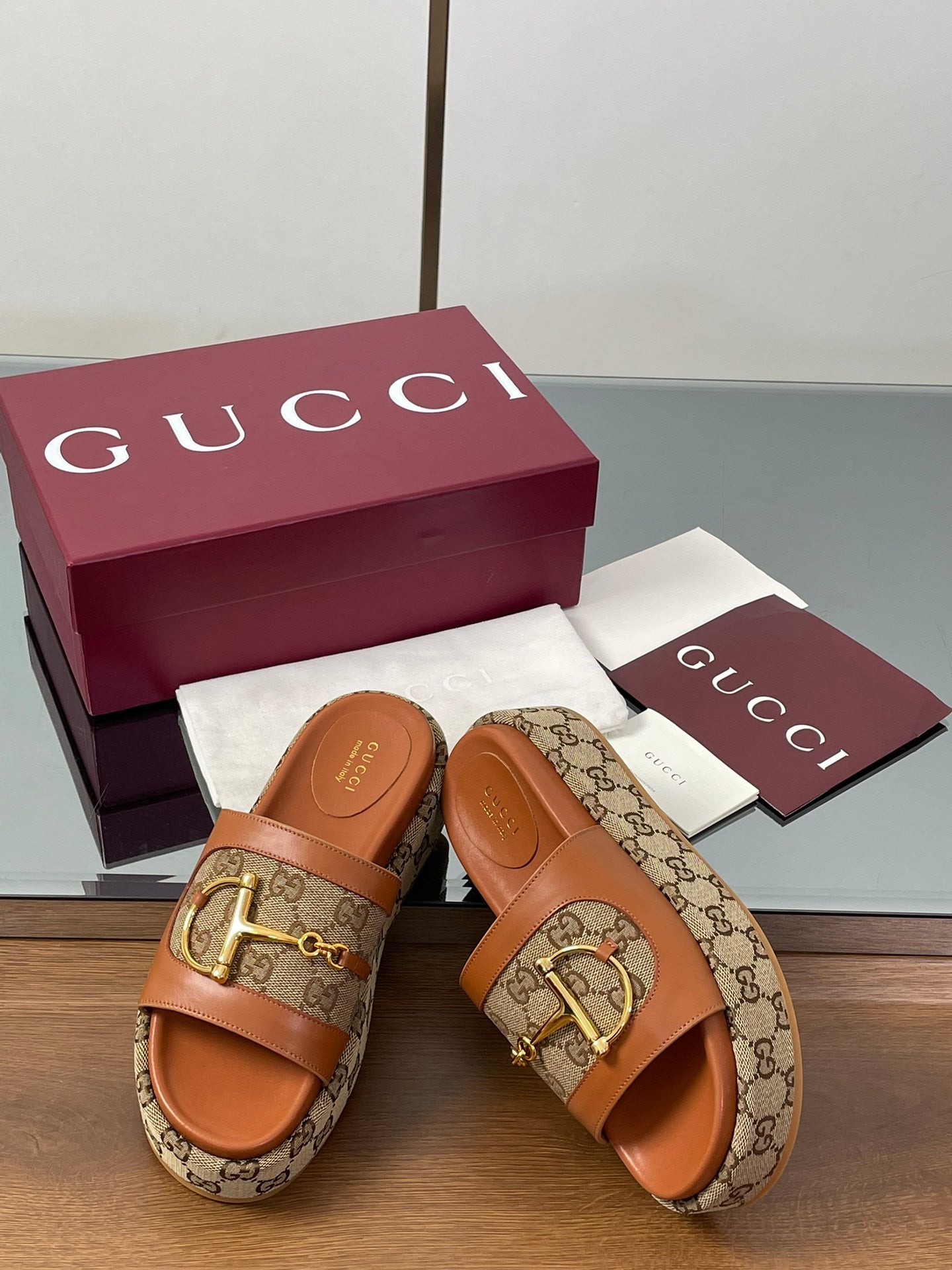 HIGH 5.5 CM WEDGE SANDALS IN BURNT BROWN MIX BEIGE CALFSKIN AND FABRIC - 35