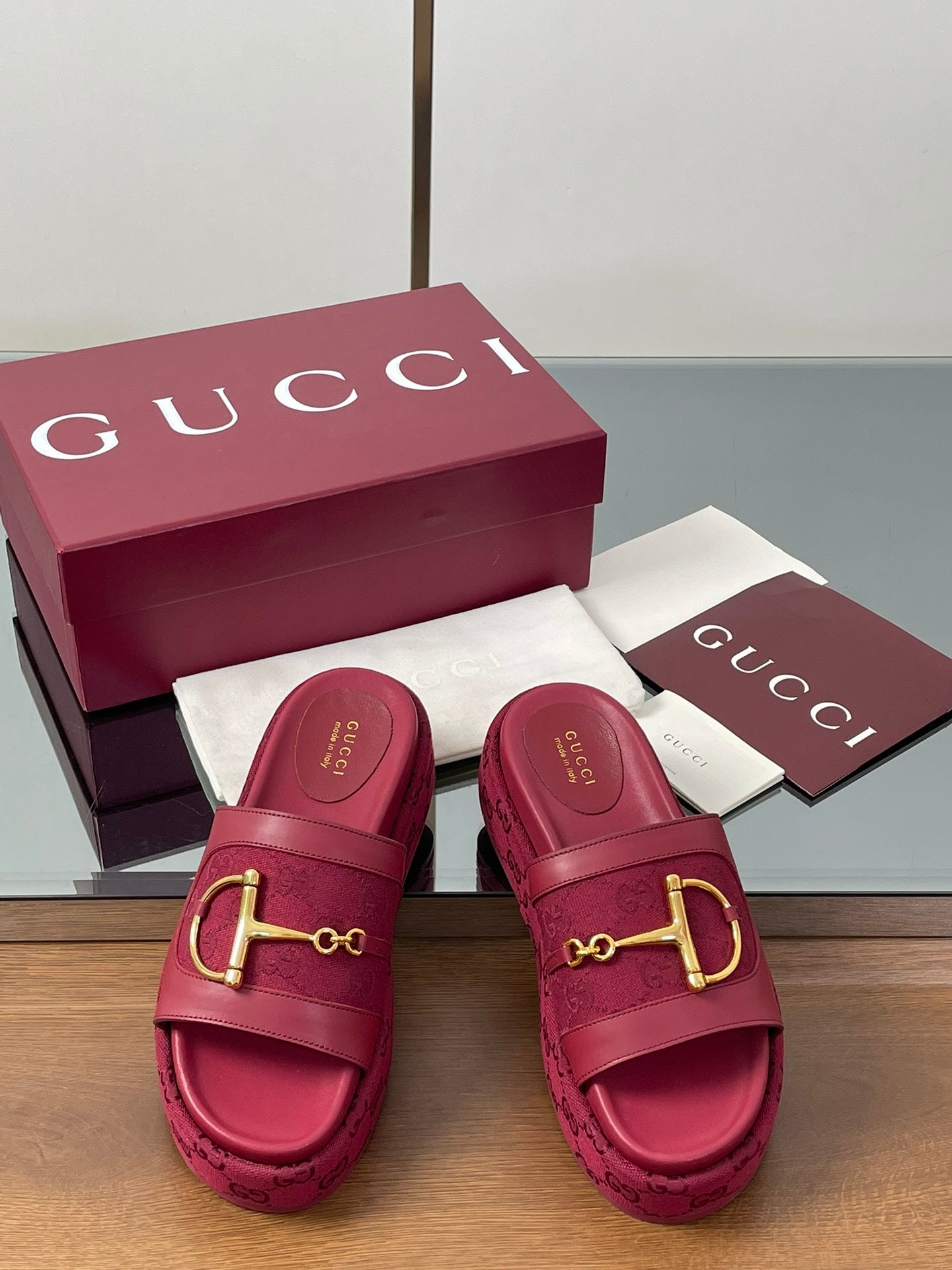 HIGH 5.5 CM WEDGE SANDALS IN RED CALFSKIN AND FABRIC - 35