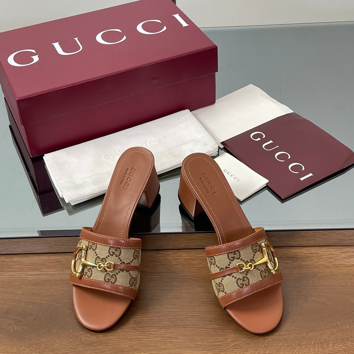 HIGH HEEL MULE 5.5 CM IN BROWN CALFSKIN MIX FABRIC AND GOLD HARDWARE - 35