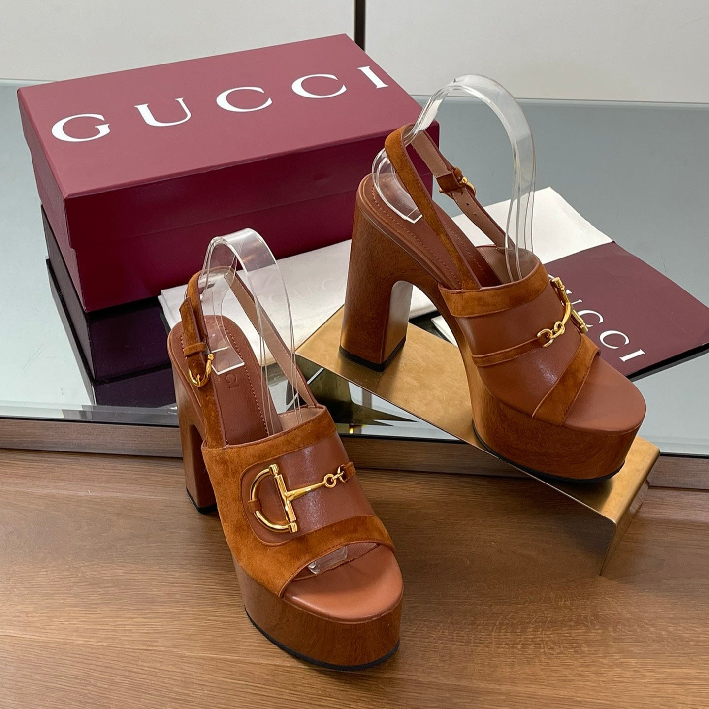 HIGH HEEL SANDALS 13 CM IN BROWN CALFSKIN MIX SUEDUE GOLD HARDWARE - 35