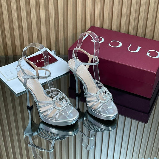 БОСОНІЖКИ GUCCI 26S НА ВИСОКОМУ КАБЛУКУ 125 ММ ЗІ СРІБНОЇ ТЕЛЯЧОЇ ШКІРИ