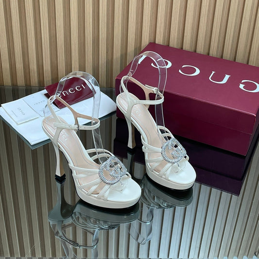 БОСОНІЖКИ GUCCI 26S НА ВИСОКИХ ПІДБОРАХ 125 ММ З БІЛОЇ ТЕЛЯЧОЇ ШКІРИ