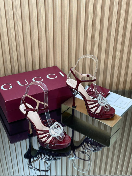 БОСОНІЖКИ GUCCI 26S НА ВИСОКИХ ПІДБОРАХ 125 ММ З ТЕМНО-ЧЕРВОНОЇ ТЕЛЯЧОЇ ШКІРИ