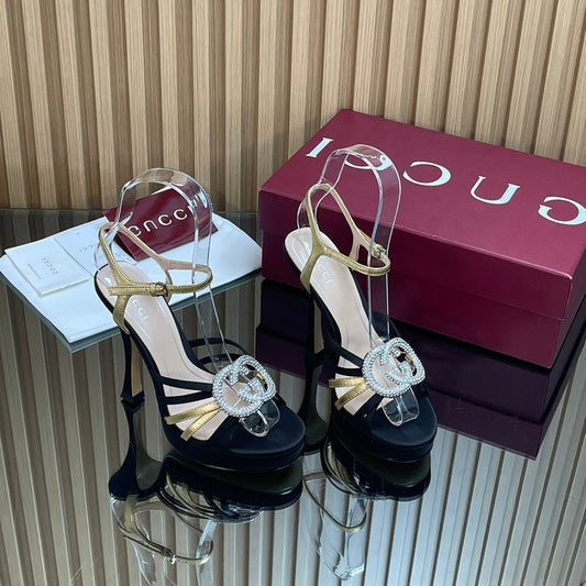 Босоніжки GUCCI 26S на високих підборах 125 мм із чорного атласу та телячої шкіри золотого кольору