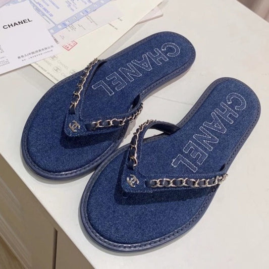 THONG SLIPPERS IN COBALT BLUE DENIM - 35