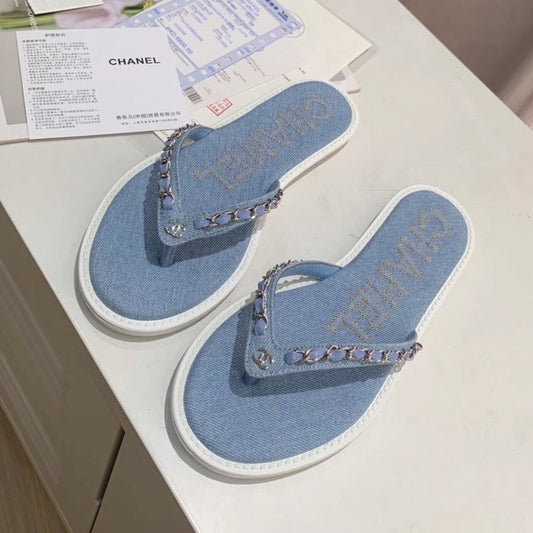 THONG SLIPPERS IN LIGHT BLUE DENIM - 35