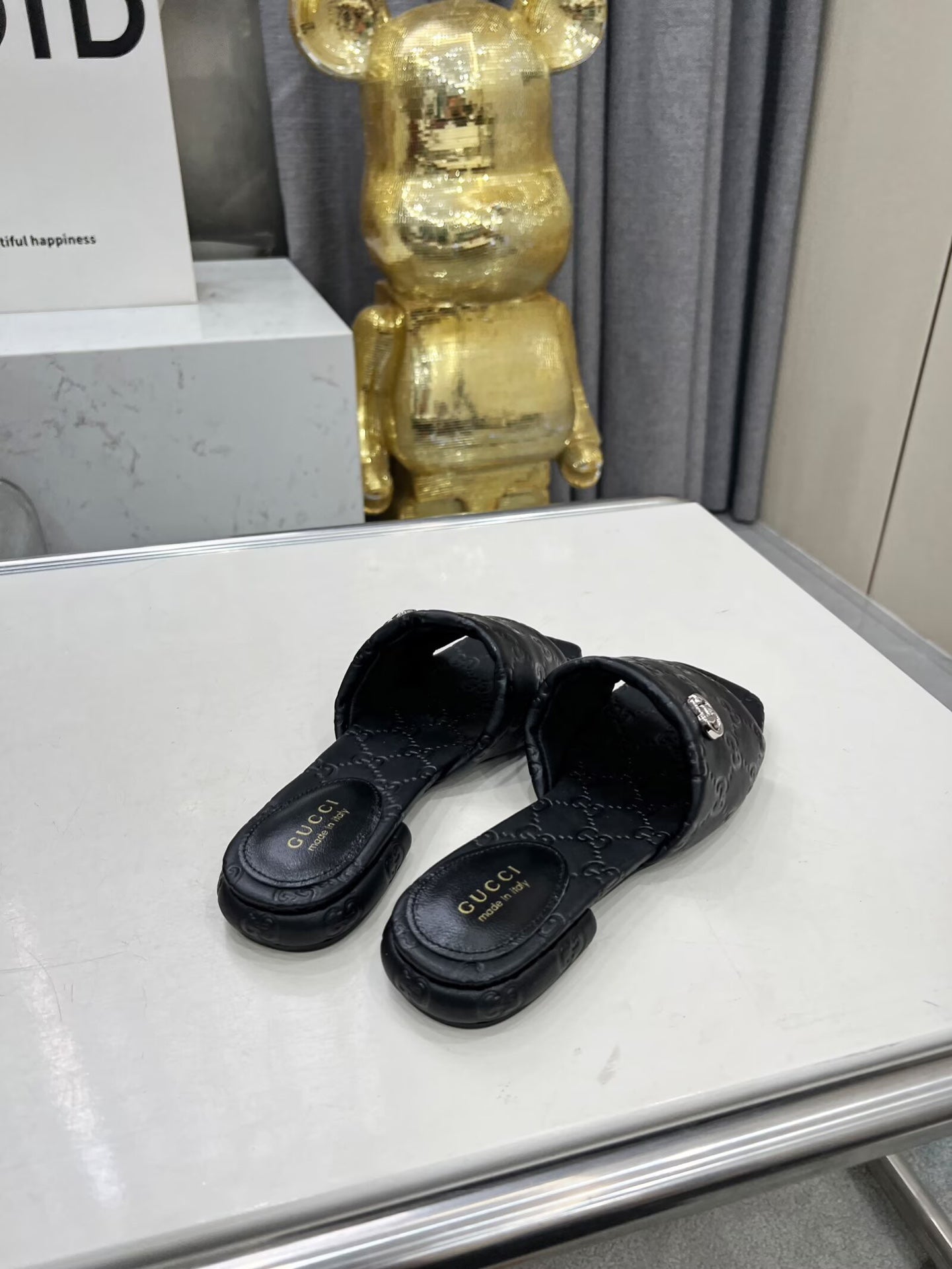 GG CASUAL SLIPPERS IN BLACK CALFSKIN LOGO EMBOSSING - 35