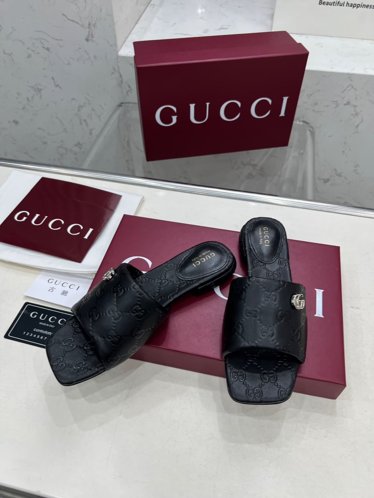 GG CASUAL SLIPPERS IN BLACK CALFSKIN LOGO EMBOSSING - 35