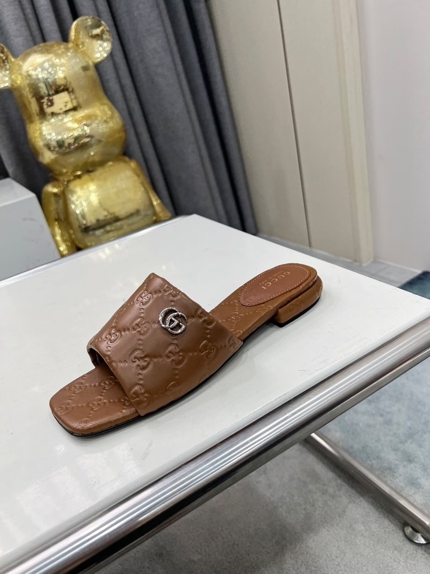 GG CASUAL SLIPPERS IN BROWN CALFSKIN LOGO EMBOSSING - 35