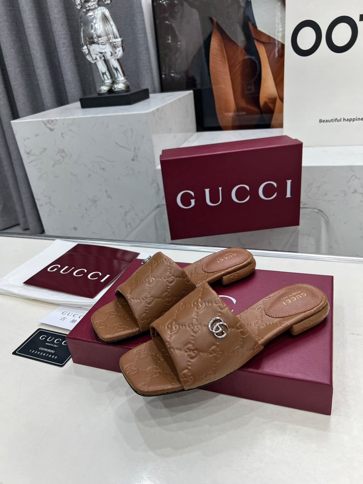 GG CASUAL SLIPPERS IN BROWN CALFSKIN LOGO EMBOSSING - 35