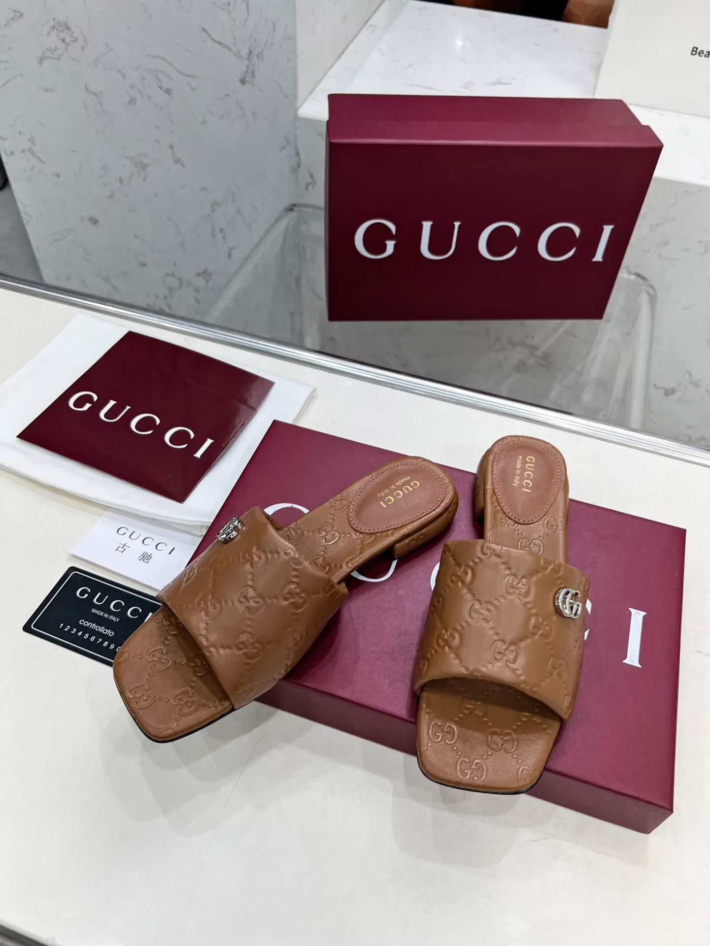 GG CASUAL SLIPPERS IN BROWN CALFSKIN LOGO EMBOSSING - 35