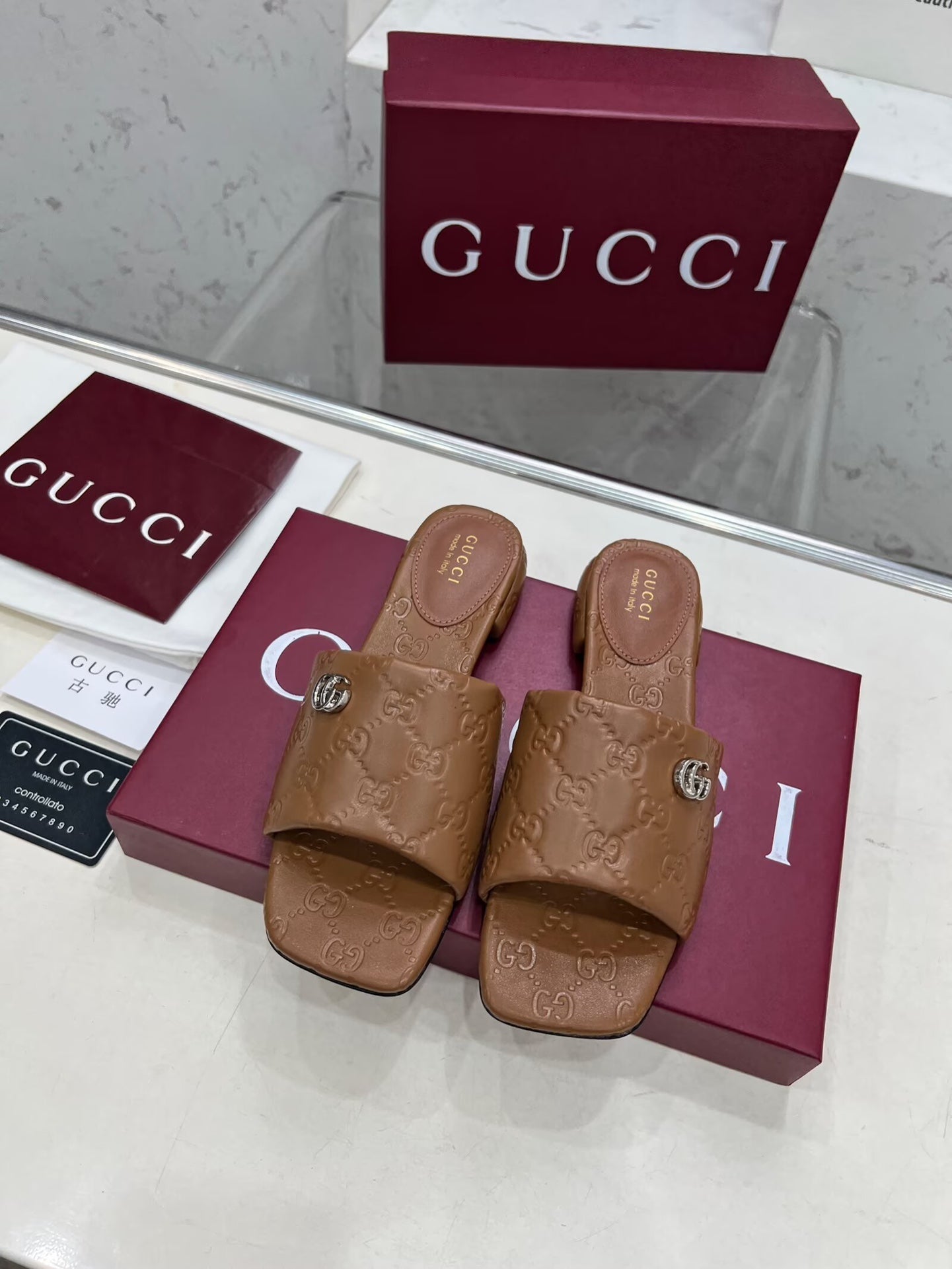 GG CASUAL SLIPPERS IN BROWN CALFSKIN LOGO EMBOSSING - 35