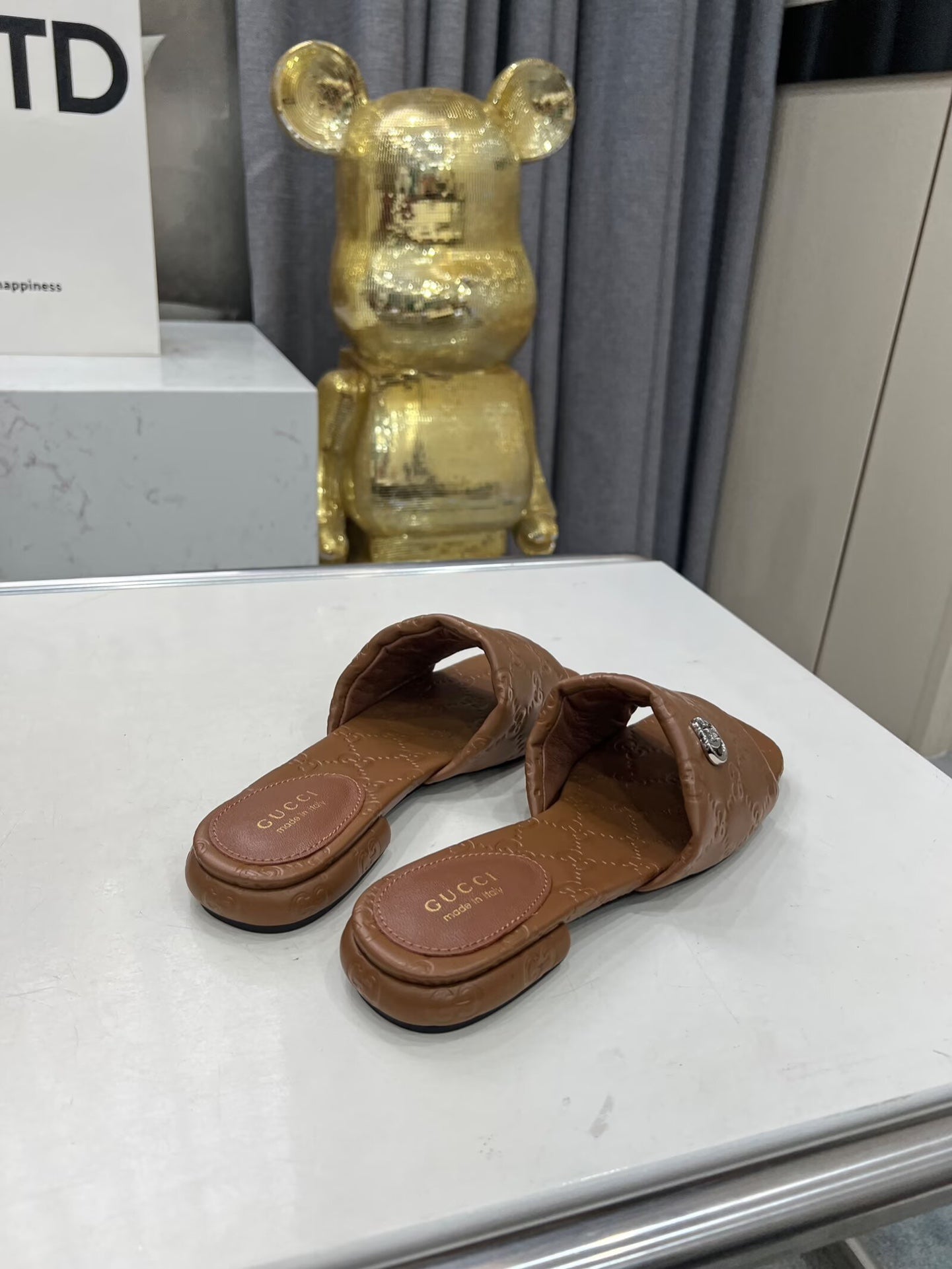 GG CASUAL SLIPPERS IN BROWN CALFSKIN LOGO EMBOSSING - 35