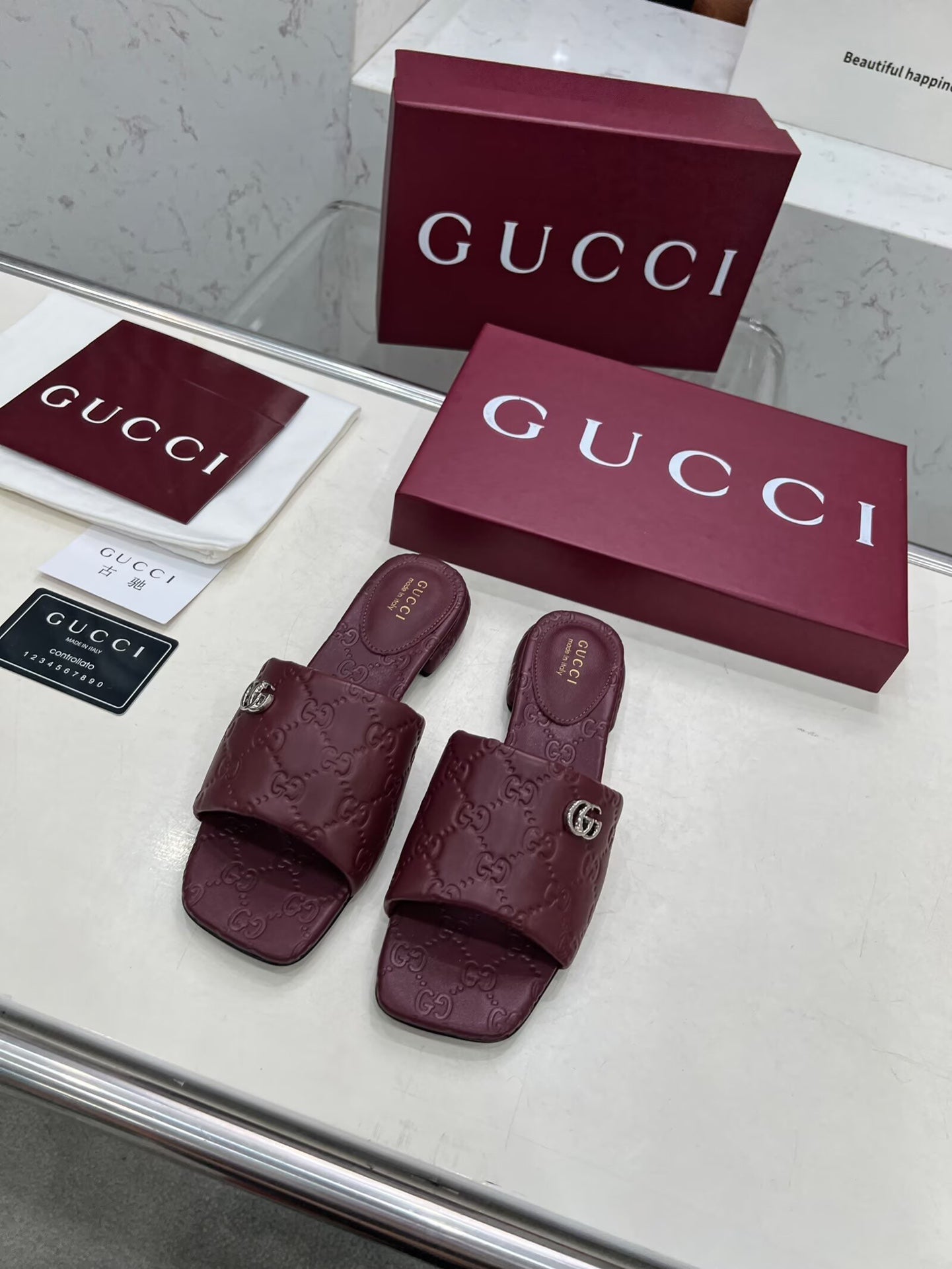 GG CASUAL SLIPPERS IN BURGUNDY RED CALFSKIN LOGO EMBOSSING - 35