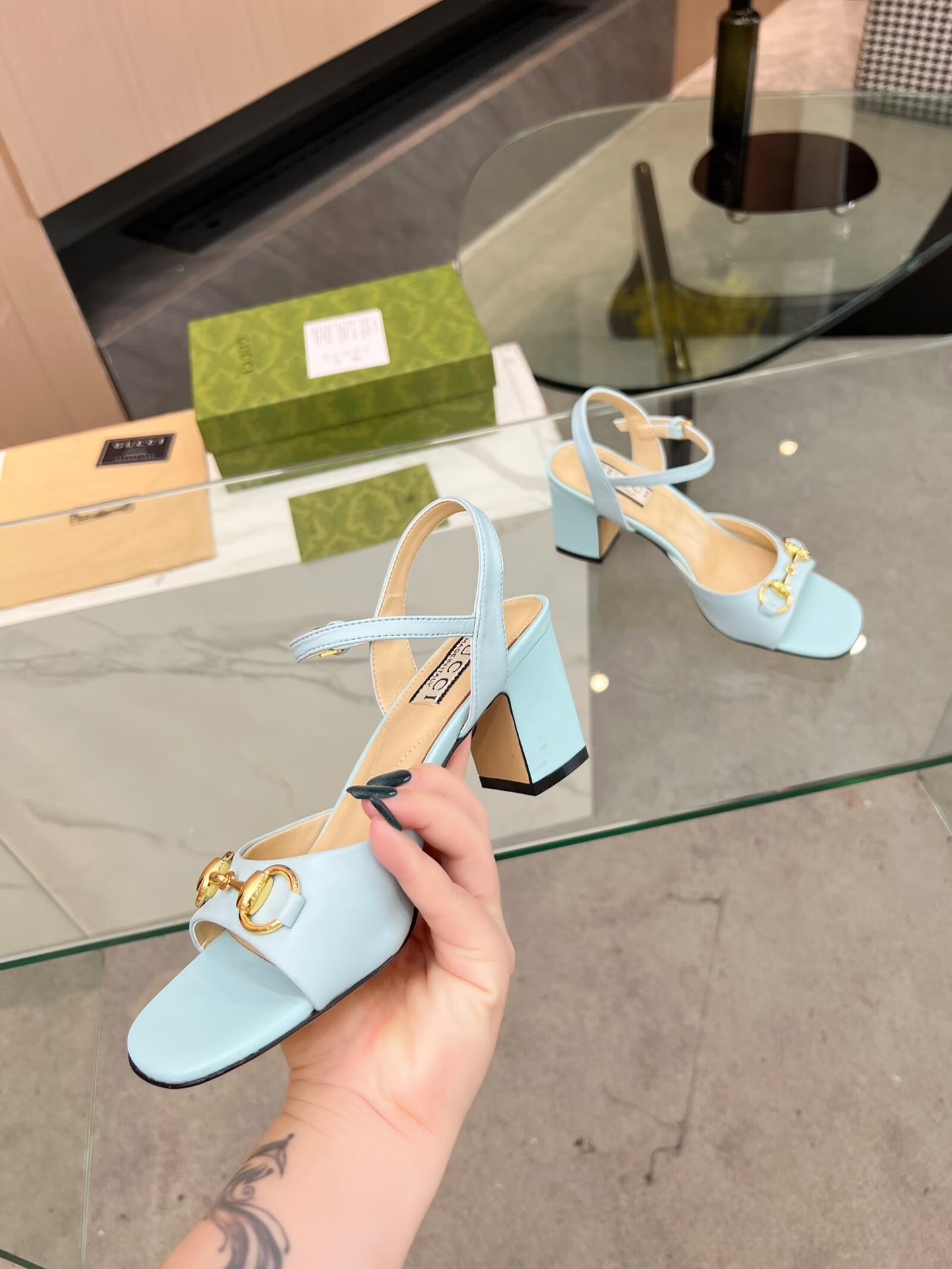 GG HIGH HEELS SANDALS 60 IN ICE BLUE LAMBSKIN - 34