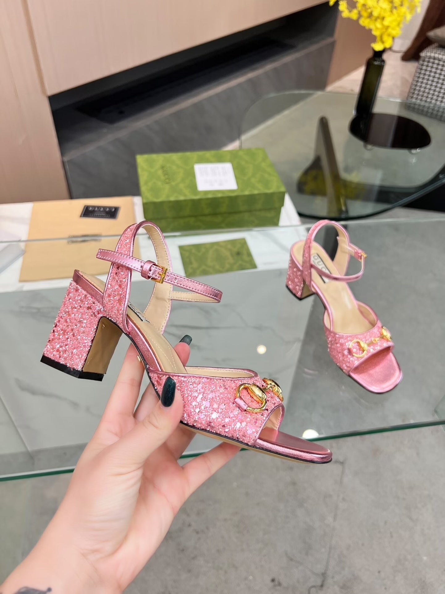 GG HIGH HEELS SANDALS 60 IN SHINY PINK LAMBSKIN - 34