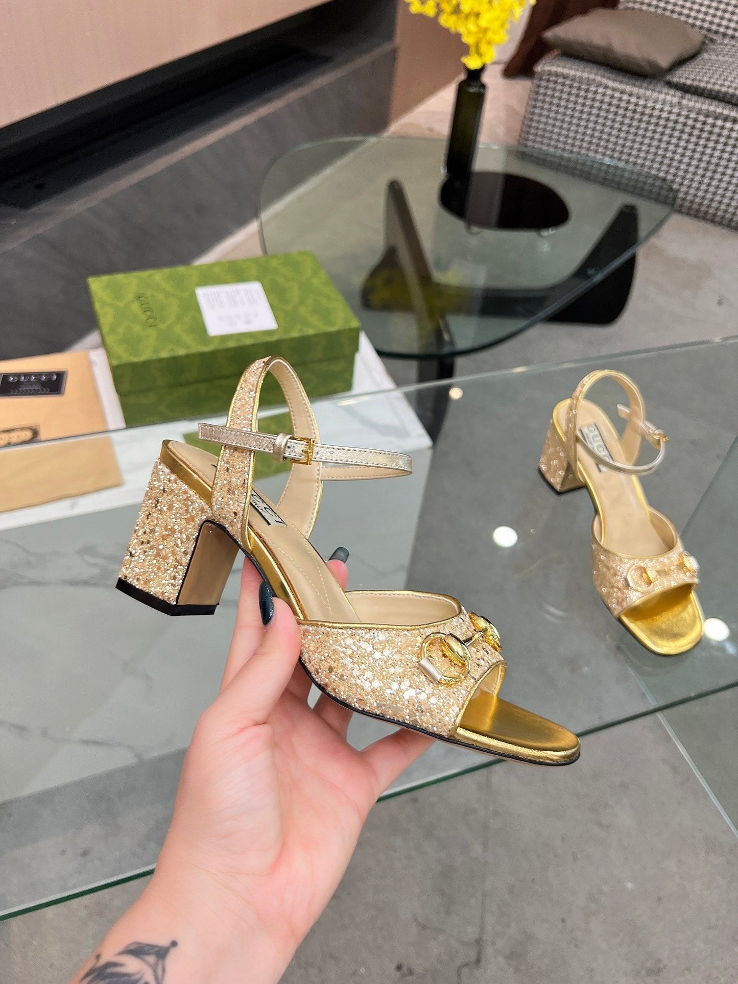 GG HIGH HEELS SANDALS 60 IN SHINY GOLD LAMBSKIN - 34
