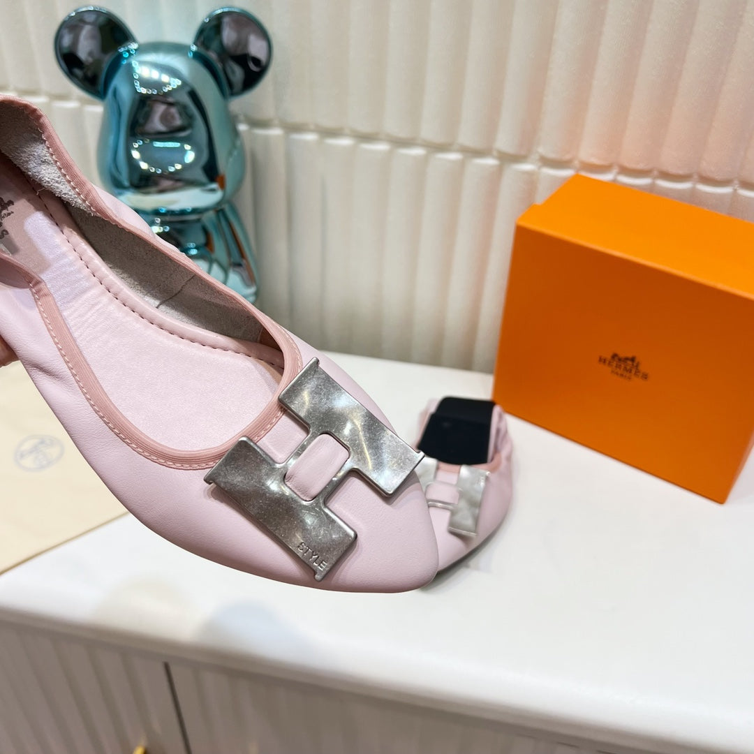 H-BUCKLE BALLLET FLAT LIGHT PINK CALFSKIN - 35