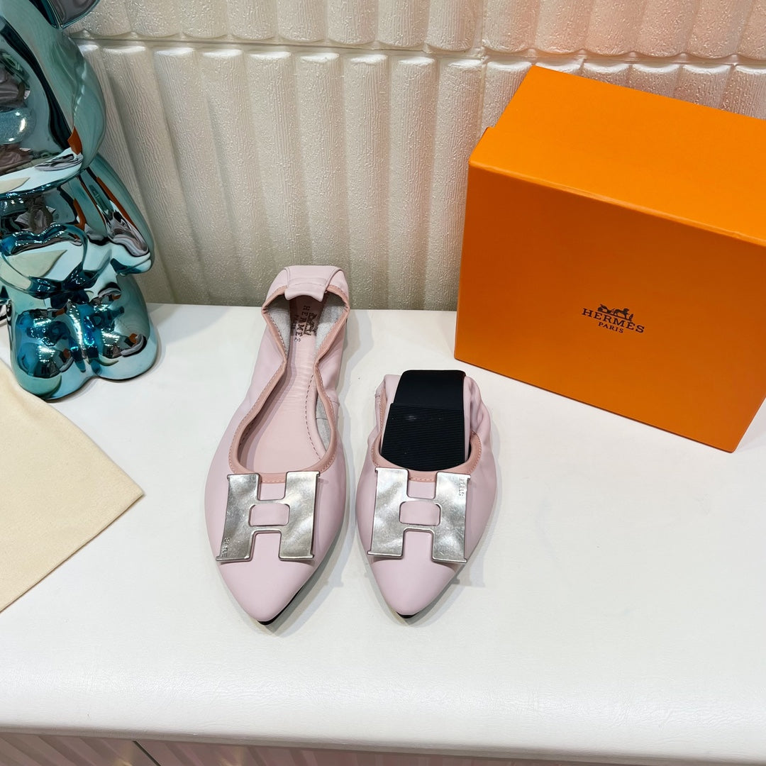 H-BUCKLE BALLLET FLAT LIGHT PINK CALFSKIN - 35