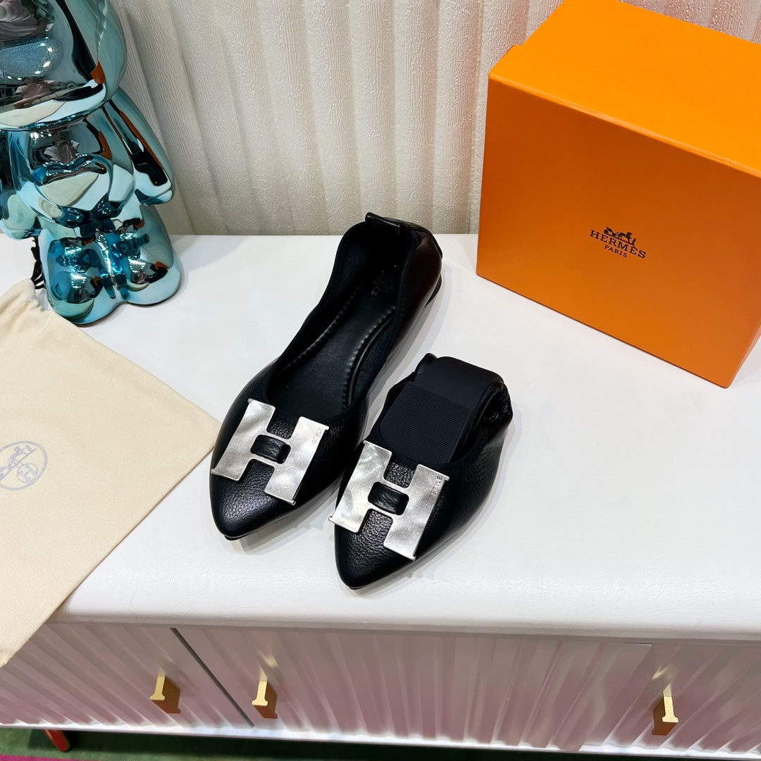 H-BUCKLE BALLLET FLAT BLACK CALFSKIN - 35
