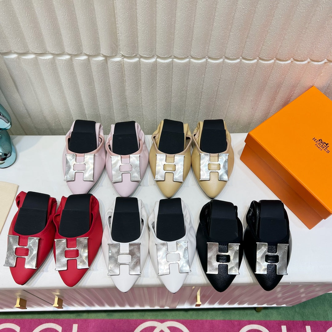 H-BUCKLE BALLLET FLAT BLACK CALFSKIN - 35