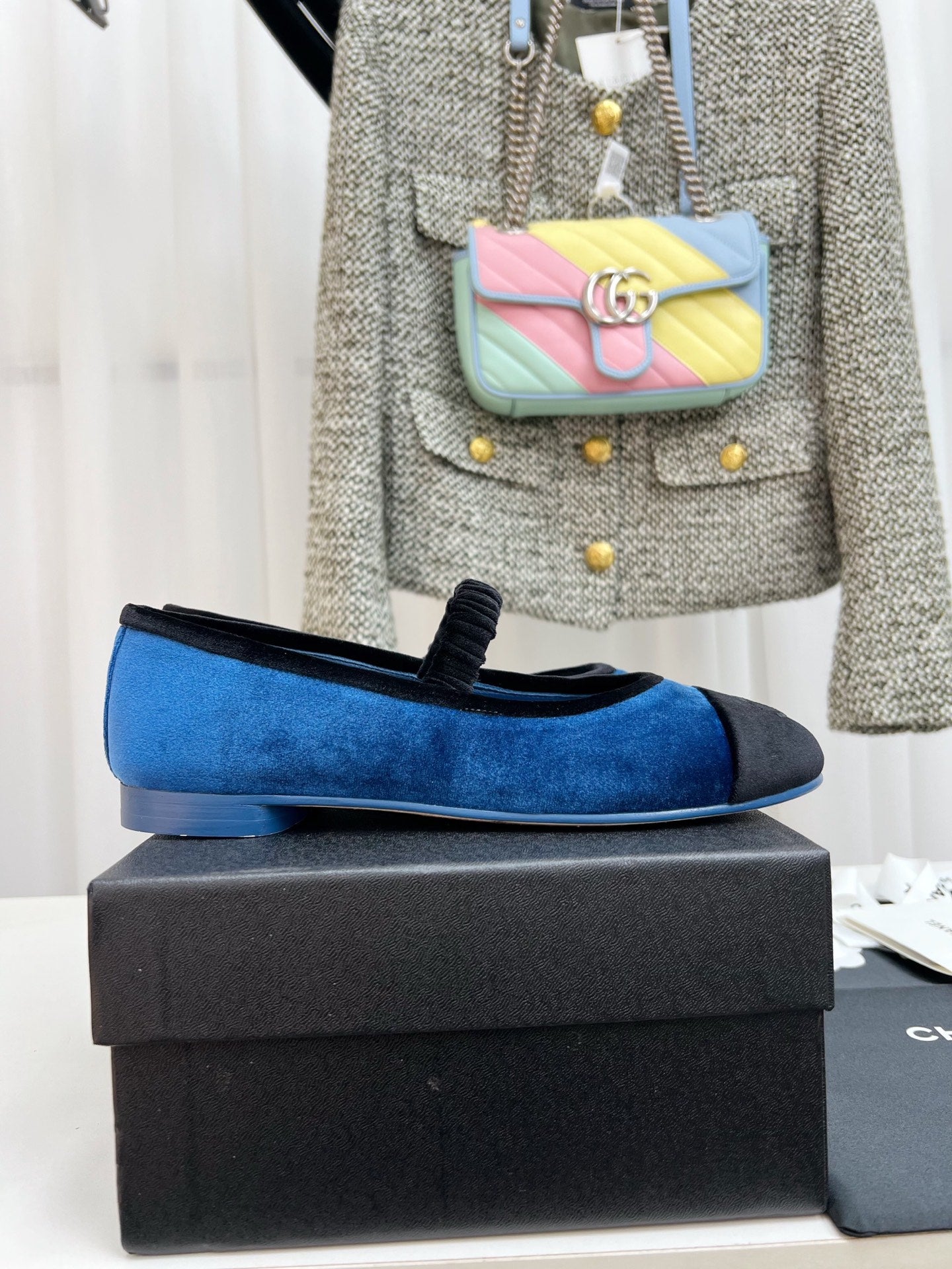 CC MARY JANE FLAT IN COBALT BLUE AND BLACK VELVET - 35