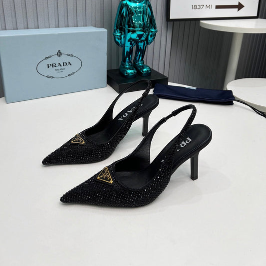 CRYSTAL SATIN HIGH-HEEL SLING BACK PUMPS BLACK - 34