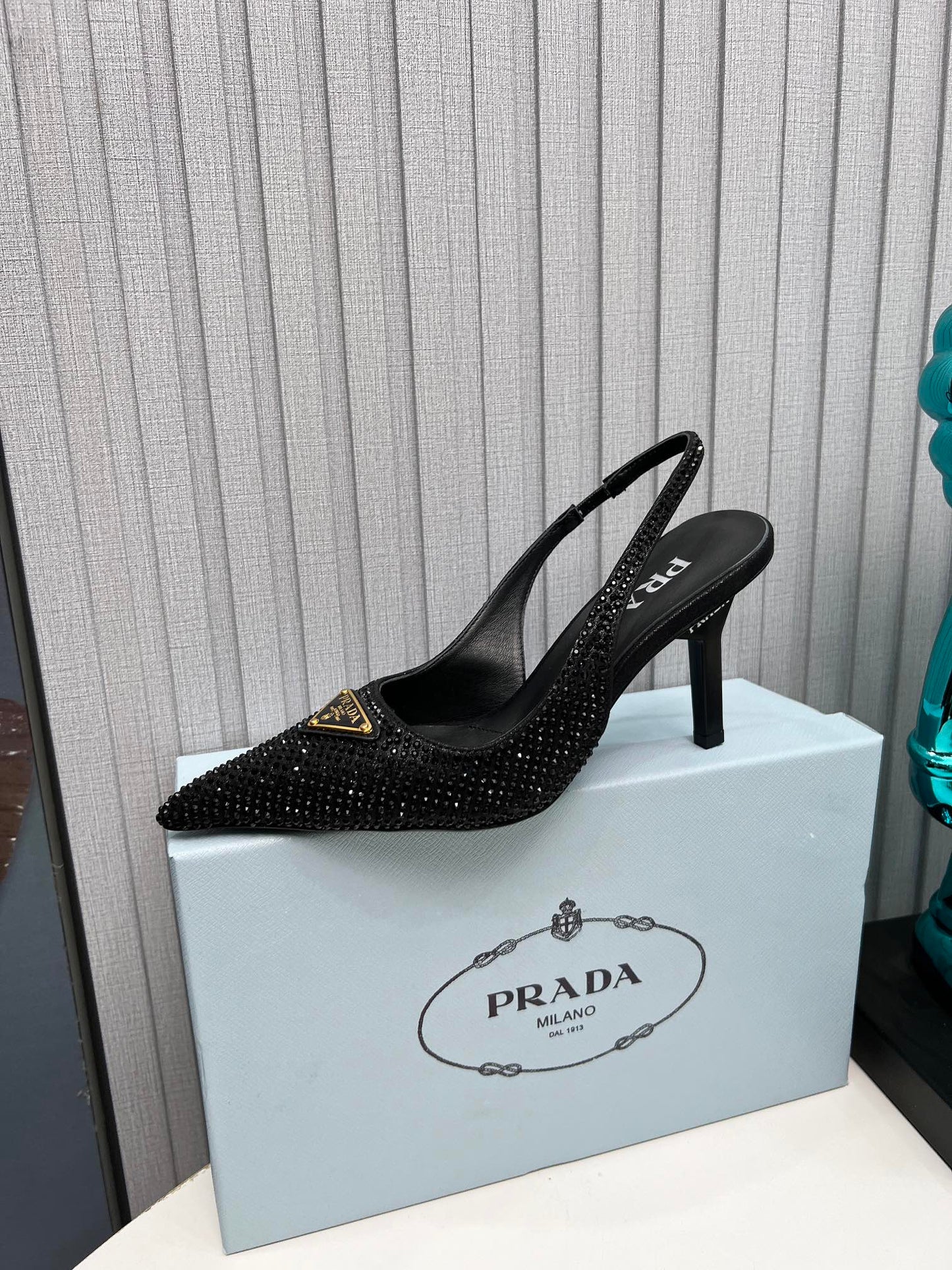 CRYSTAL SATIN HIGH-HEEL SLING BACK PUMPS BLACK - 34