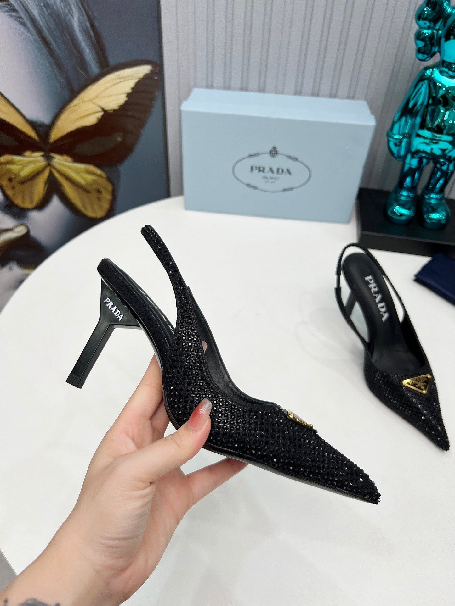 CRYSTAL SATIN HIGH-HEEL SLING BACK PUMPS BLACK - 34