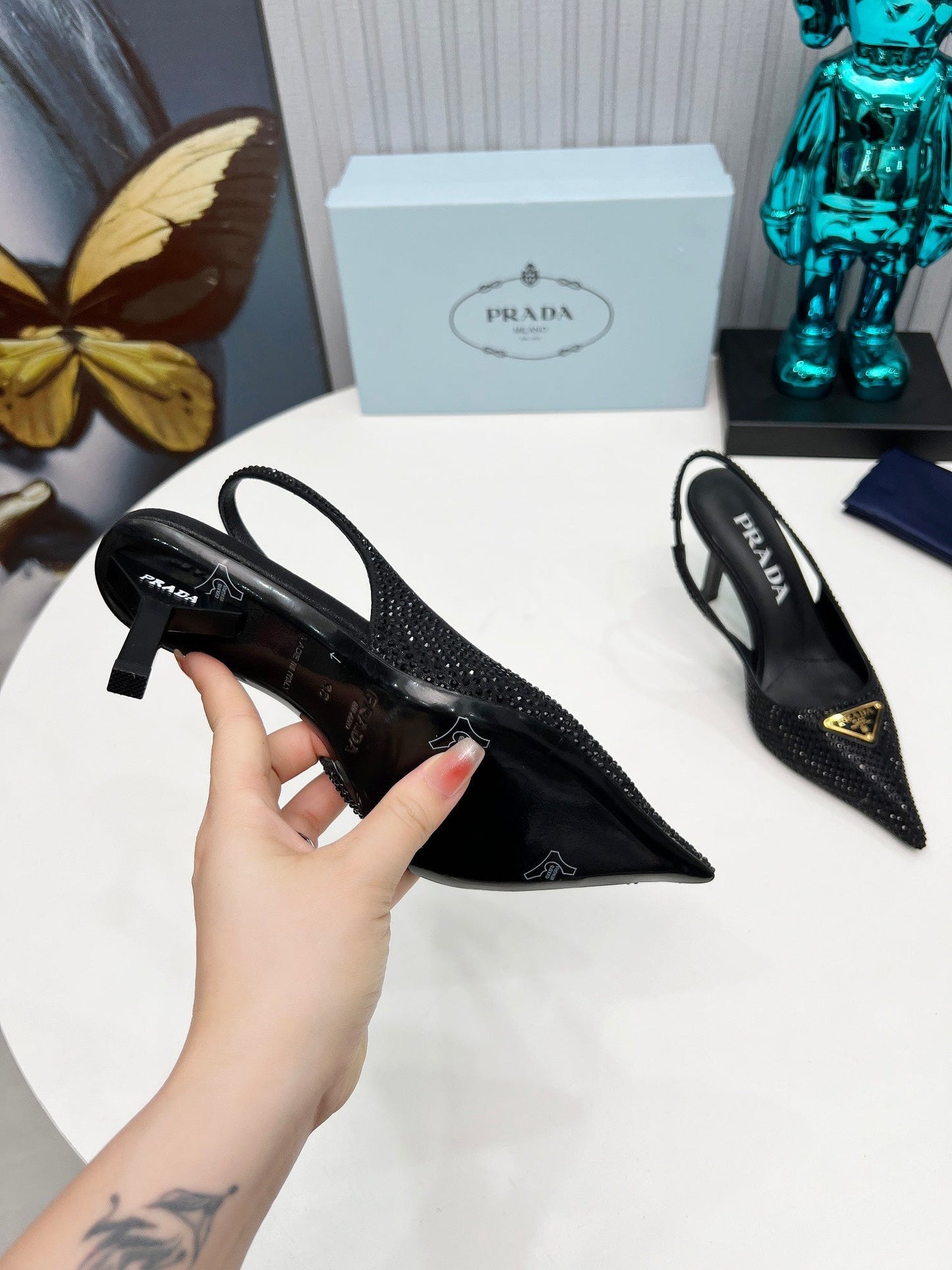 CRYSTAL SATIN HIGH-HEEL SLING BACK PUMPS BLACK - 34