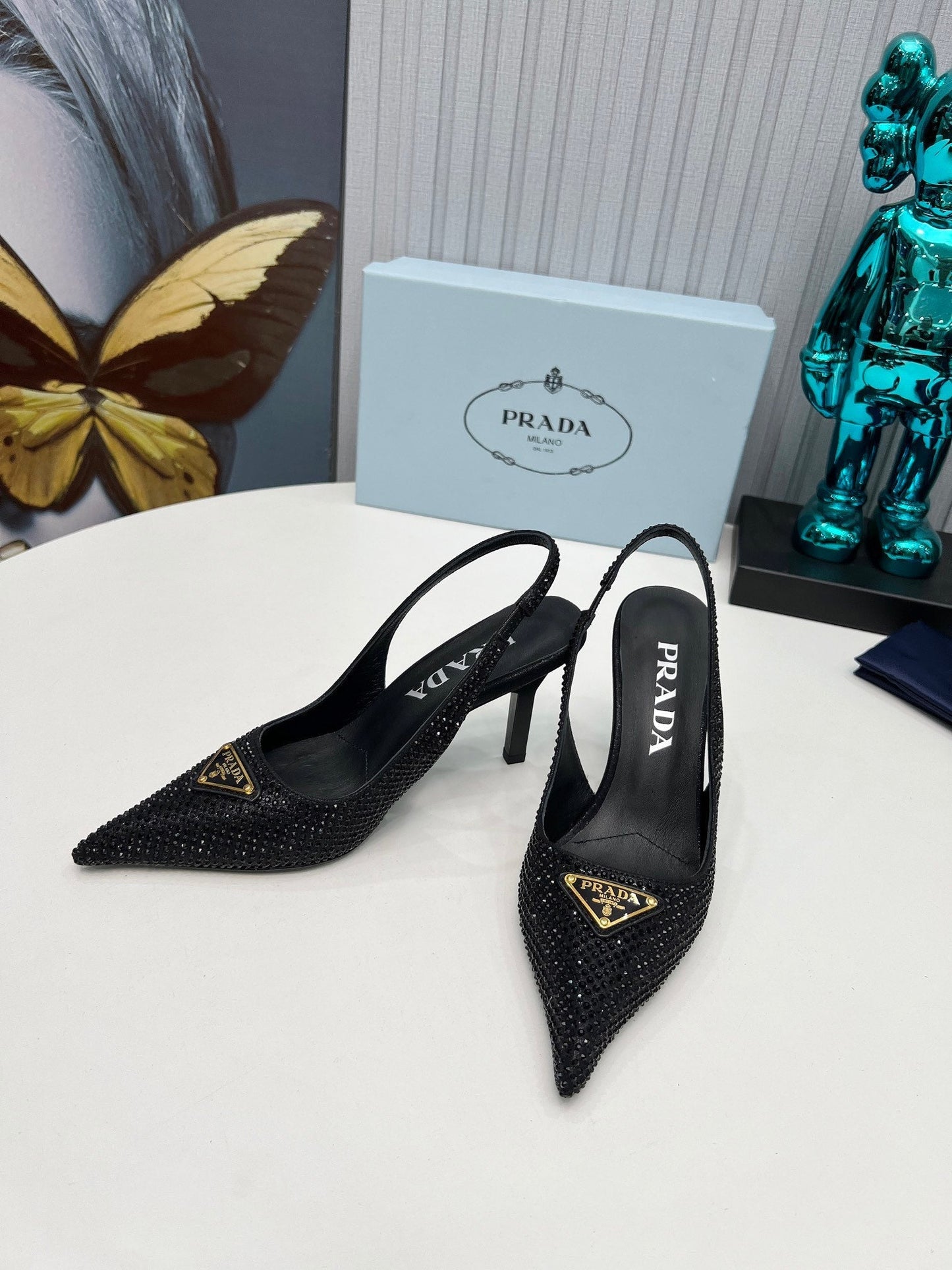 CRYSTAL SATIN HIGH-HEEL SLING BACK PUMPS BLACK - 34