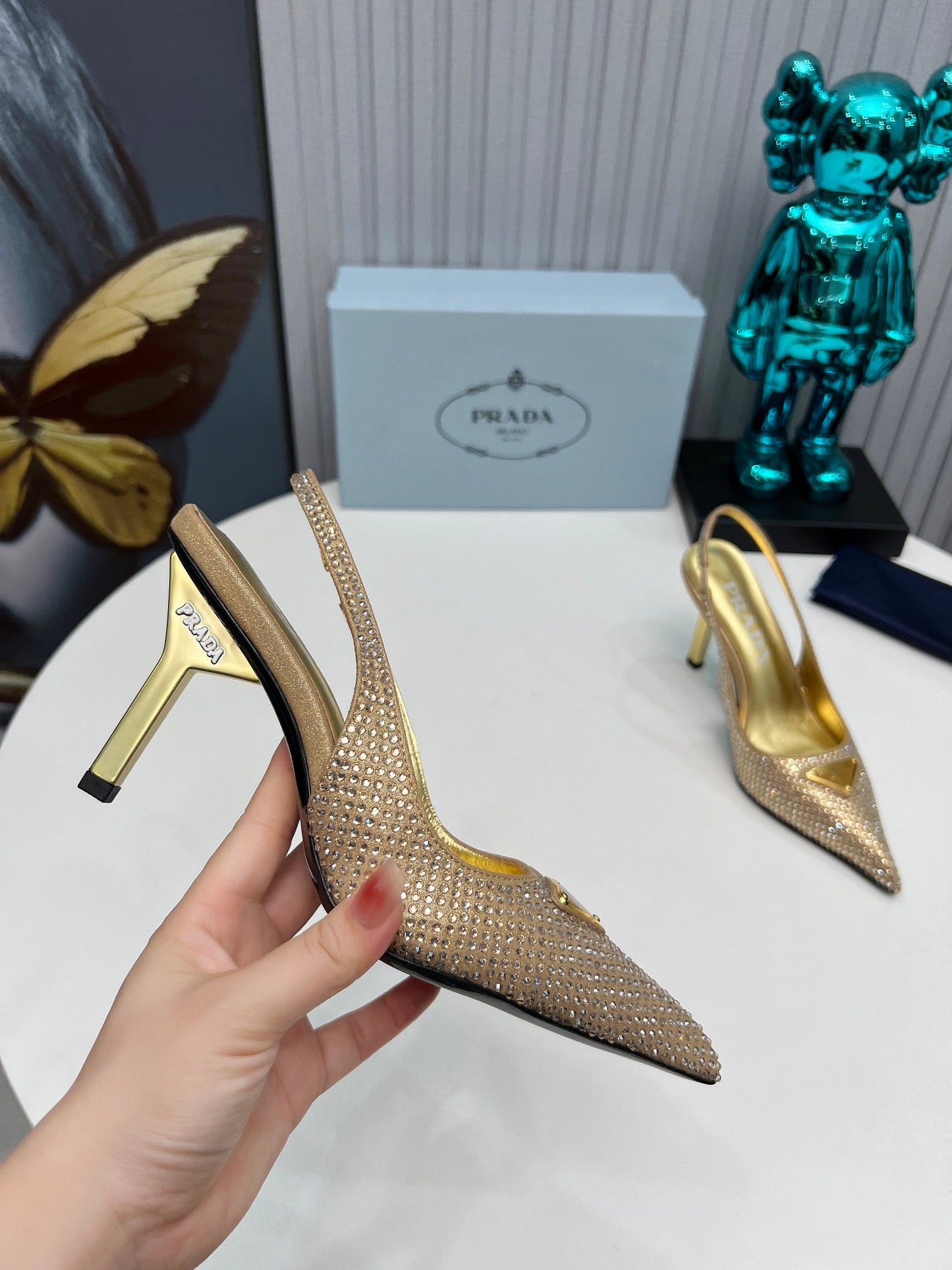 CRYSTAL SATIN HIGH-HEEL SLING BACK PUMPS GOLD - 34