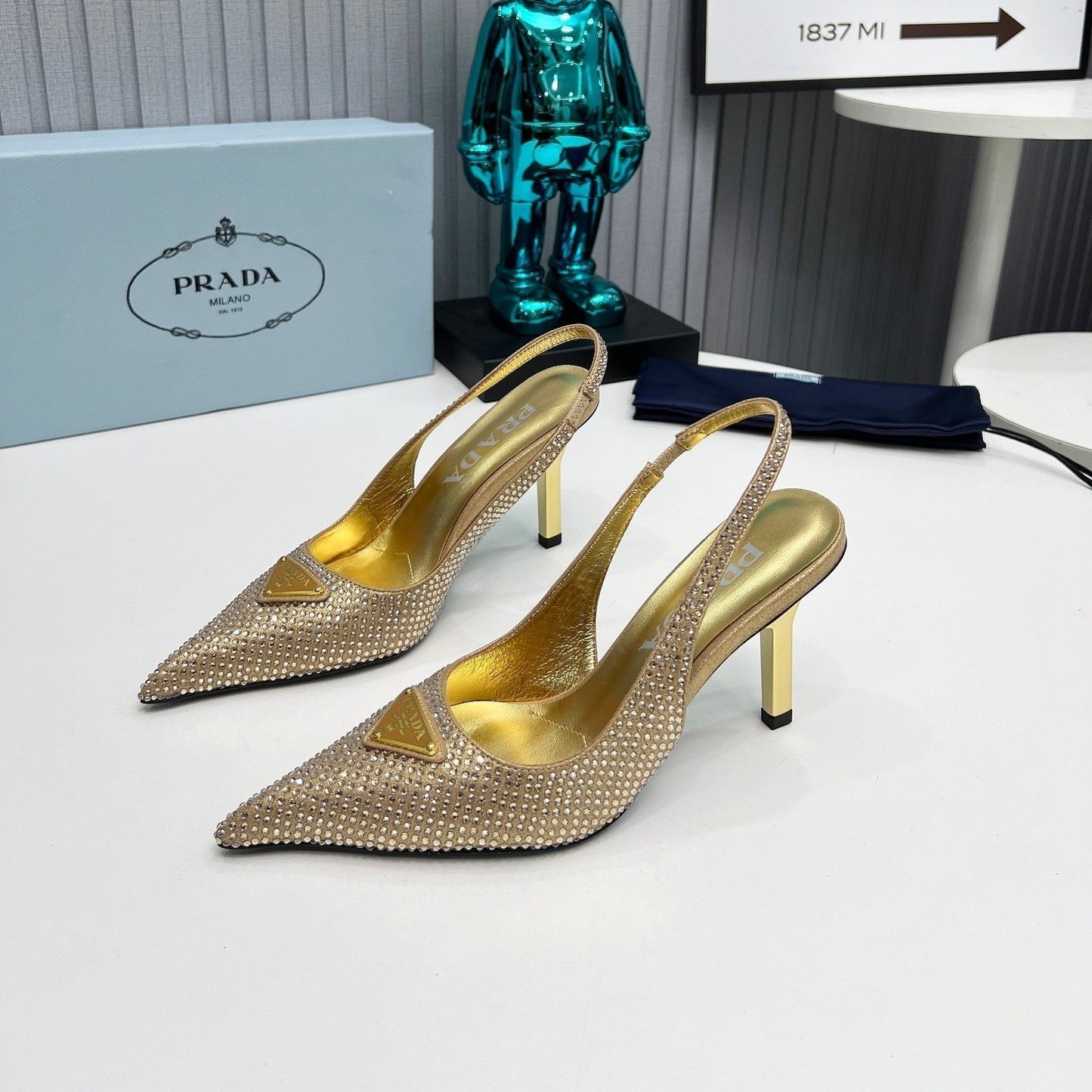 CRYSTAL SATIN HIGH-HEEL SLING BACK PUMPS GOLD - 34