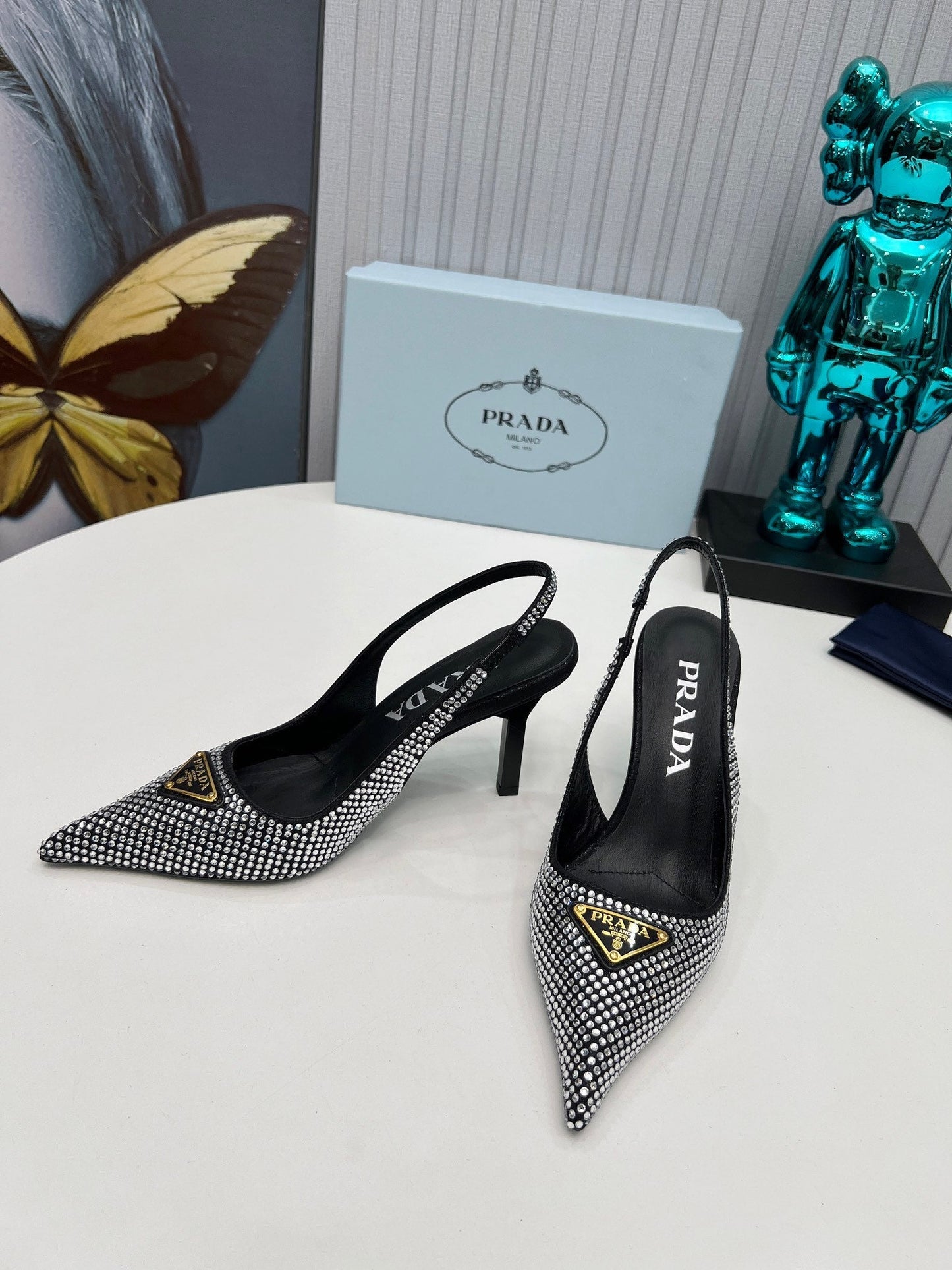 HIGH-HEEL SLING BACK PUMPS IN BLACK SATIN WITH WHITE CRYSTALS - 34