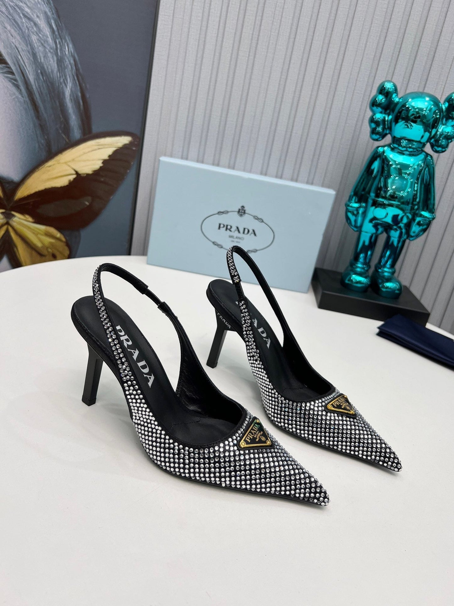 HIGH-HEEL SLING BACK PUMPS IN BLACK SATIN WITH WHITE CRYSTALS - 34